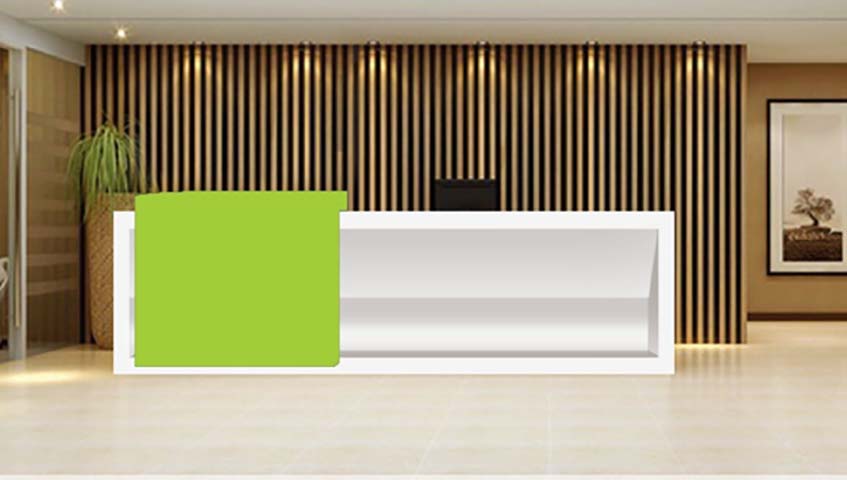 Modern Linear Glossy White Office Reception Desk with Green Accent Panel