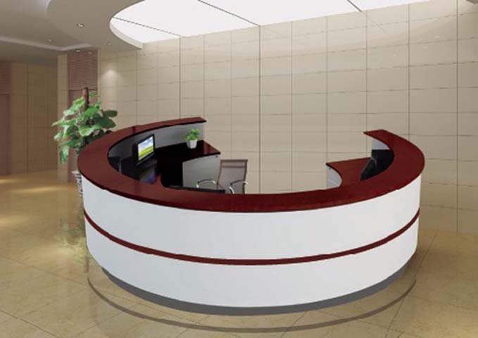 Curved C-Shape Commercial Lobby Reception Desk with Dual-Tone Cherry Wood Top and White Lacquer Front