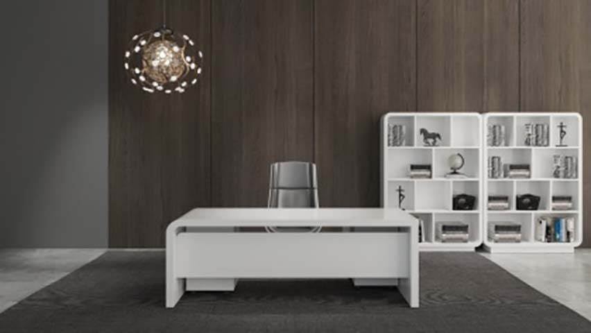 Glossy White Modern Executive Desk with Waterfall Edges and Full Modesty Panel