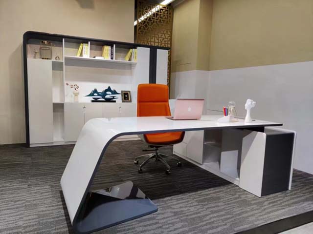 Asymmetrical Gloss White-Black Cantilever Executive Desk with Right Side Storage