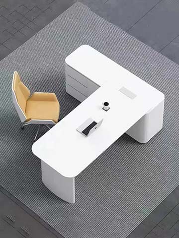 White L-Shaped Executive Office Desk with Integrated Storage Pedestal