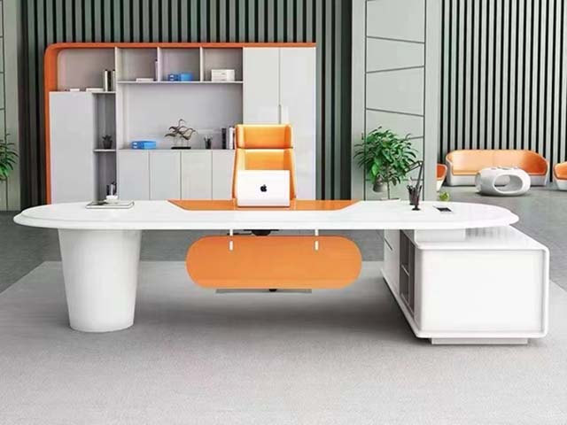Two-Tone High-Gloss L-Shaped Oval Executive Desk with Side Storage Return