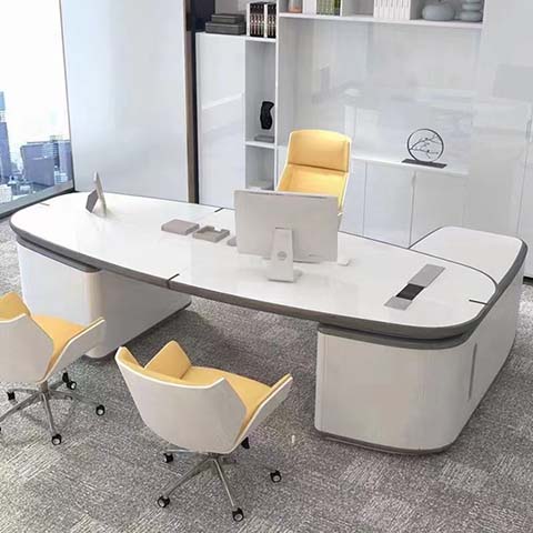 Modern High-Gloss Boat-Shaped Curved Executive Office Desk with Integrated Side Return