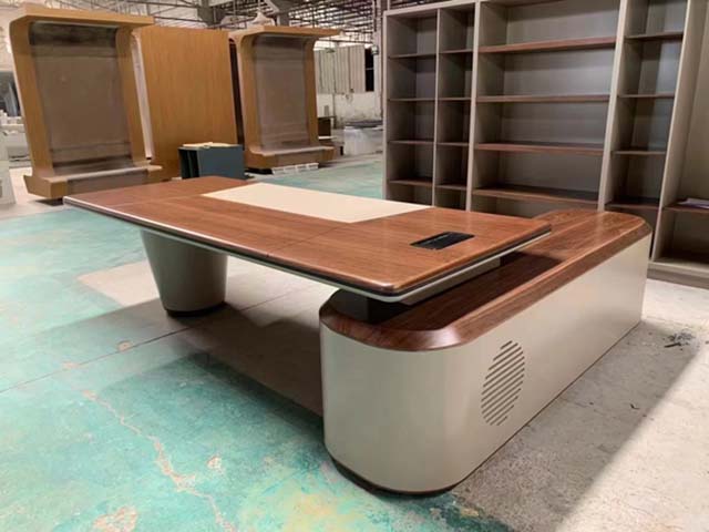Two-Tone L-Shaped Executive Desk with Inlaid Writing Pad and Integrated Side Storage
