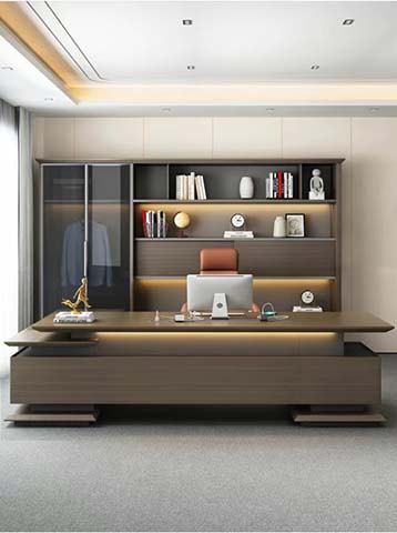 L-shaped Luxury Executive Office Desk with Matching Full-Wall Bookcase Cabinet
