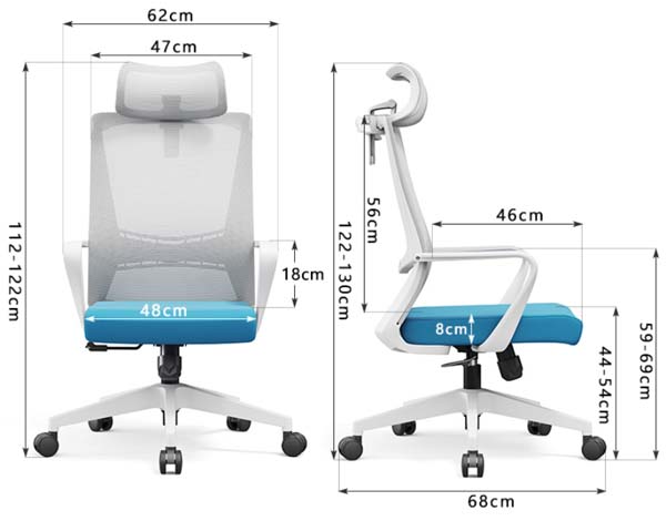 High Back Ergonomic Mesh Office Chair with Adjustable Headrest, White Frame, Blue Padded Seat