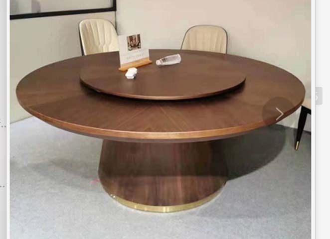 Mid-Century Walnut Veneer Round Dining Table with Central Lazy Susan and Brass Trim Pedestal