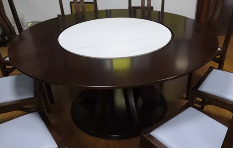 Dark Wood Round Pedestal Dining Table with Central White Rotating Lazy Susan