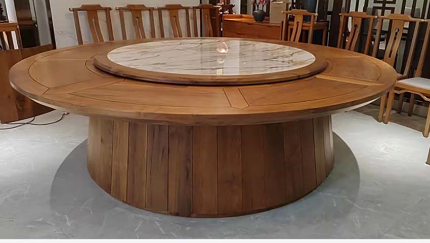 New Chinese Style Solid Wood Round Dining Table with Marble Lazy Susan