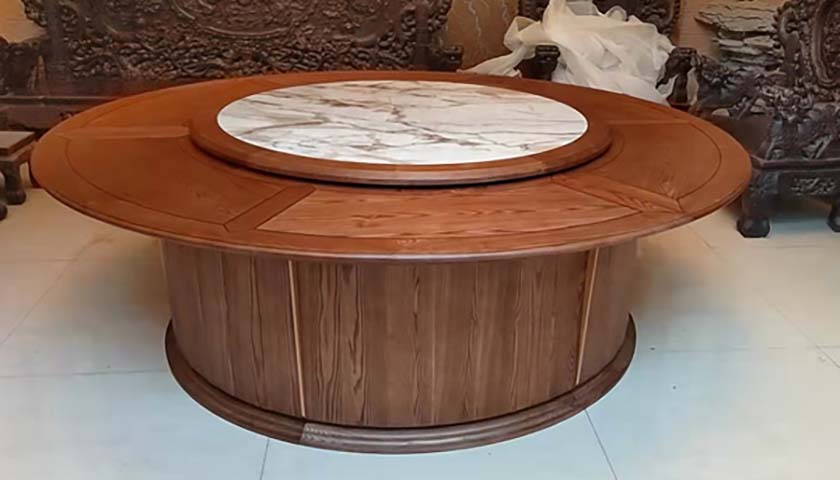 Traditional Solid Wood Round Dining Table with Marble Lazy Susan