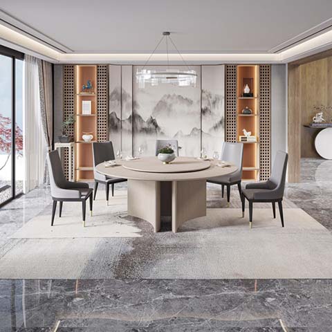 Contemporary New Chinese Style 6-Seater Round Dining Table with Integrated Lazy Susan