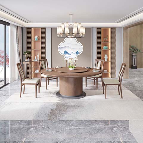 New Chinese Style Walnut Round Dining Table with Central Lazy Susan, Cylindrical Pedestal Base