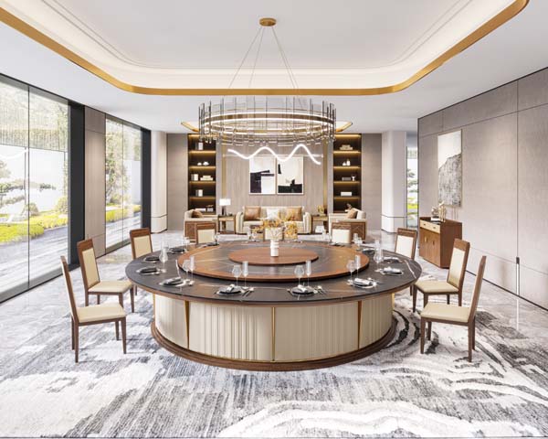 15-Seat Luxury Round Banquet Dining Table with Built-in Rotating Lazy Susan