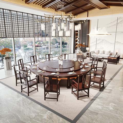 16-Seat Chinese-Style Solid Wood Round Dining Table with Rotating Lazy Susan