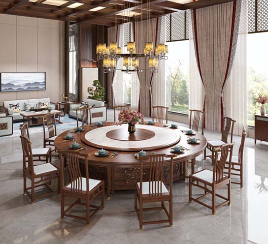 12-Seat Chinese Style Round Dining Table With Lazy Susan, Set With 12 Upholstered Dining Chairs