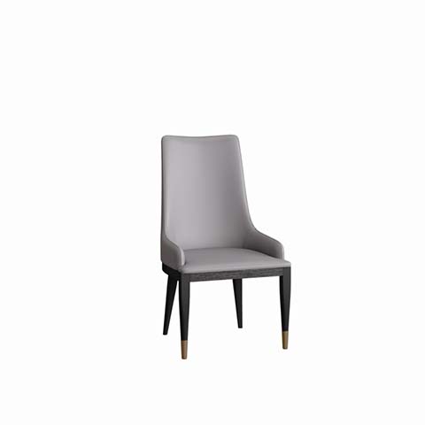 Light Grey Upholstered Armless Dining Chair with Dark Tapered Legs and Brass Foot Caps
