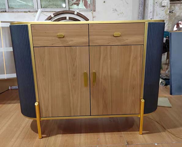 Modern Curved Accent Storage Cabinet with 2 Drawers, 2 Doors, Gold Trim and Navy Fluted Side Panels
