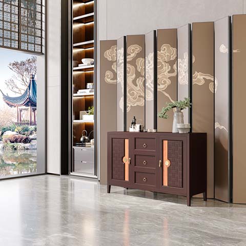 Neo-Chinese Dark Walnut Woven Door Accent Storage Sideboard