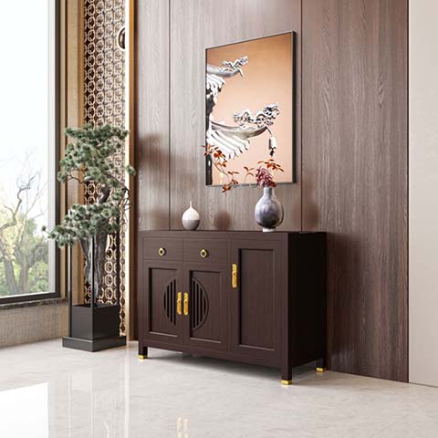 New Chinese Style Dark Walnut Entryway Sideboard with 2 Drawers and 3 Doors