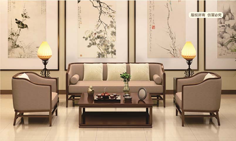 New Chinese Style Solid Wood Fabric Living Room Sofa Set with Coffee Table