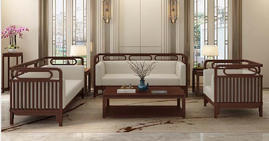 New Chinese Style Solid Wood Frame Upholstered Living Room Sofa Set