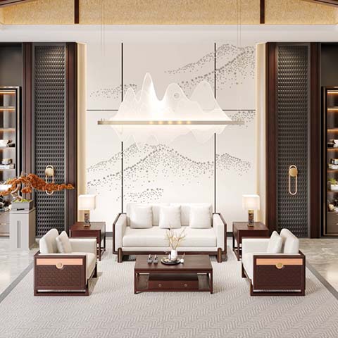 New Chinese Style Dark Walnut Rectangular Coffee Table with Drawer and Open Shelf
