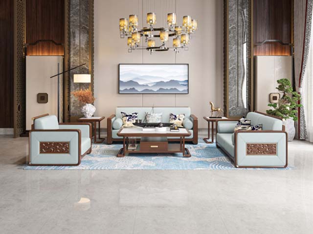 New Chinese Style Light Blue Upholstered Solid Wood Living Room Sofa Set with Coffee Table and Side Tables