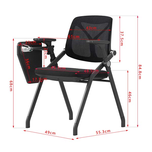 Black Mesh Folding Stackable Training Chair with Rotating Writing Tablet