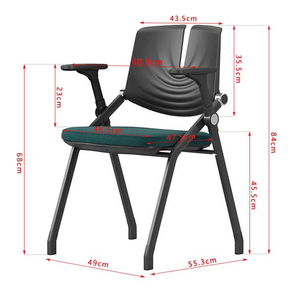 Folding Ergonomic Training Chair with Fixed Armrests, Padded Fabric Seat