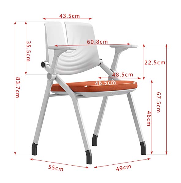 Foldable Training Chair with Armrests, White Contoured Split Back and Orange Padded Seat