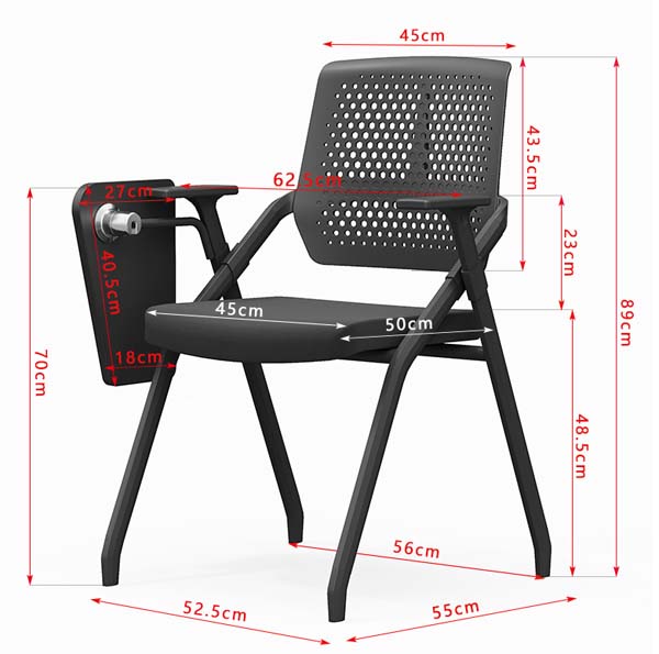 Black Folding Stackable Training Chair with Fold-Down Side Writing Tablet
