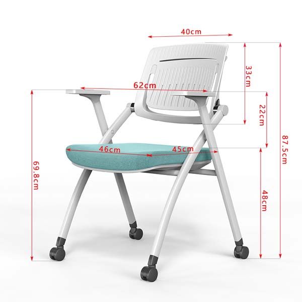 Foldable Castered Training Office Chair with Fixed Armrests, Padded Fabric Seat and Ventilated Slotted Plastic Back