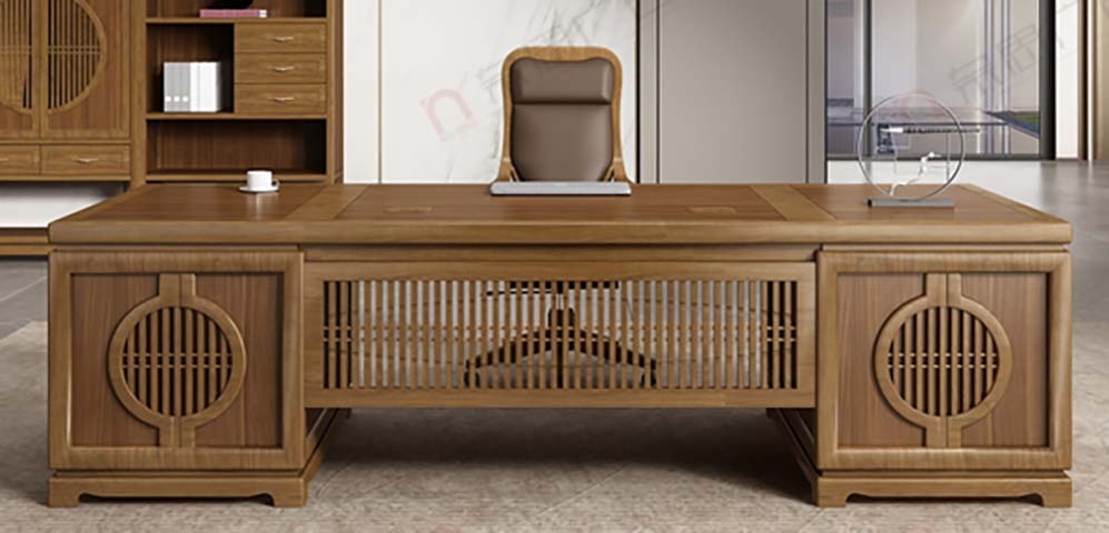 New Chinese Style Walnut-Tone Solid Wood Executive Desk with Dual Pedestal Storage