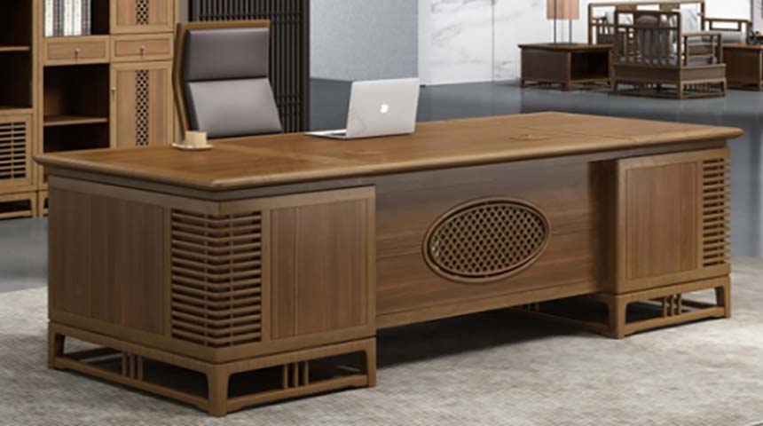 New Chinese Style Walnut-Finish Solid Wood Frame Executive Desk with Dual Side Storage Pedestals