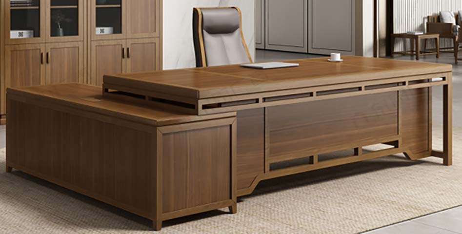 L-Shaped New Chinese Style Walnut Finish Executive Desk with Left Side Return Cabinet