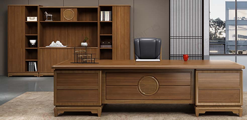 Traditional Chinese Style Solid Wood Veneer Executive Office Desk with Matching Wall Bookcase