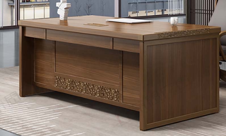 Walnut Finish New Chinese Style Executive Office Desk with Carved Inlays and Drawers
