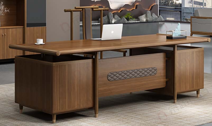 Walnut Finish Dual-Pedestal Executive Desk with Quilted Leather Modesty Panel