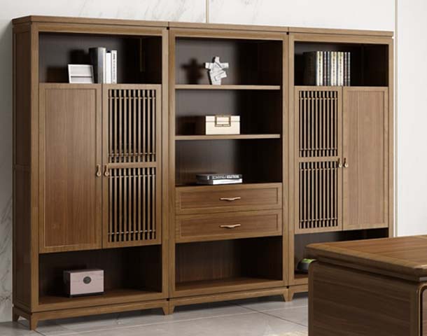 Modern Chinese Walnut 3-Bay Office Bookcase Storage Cabinet with Slatted Doors