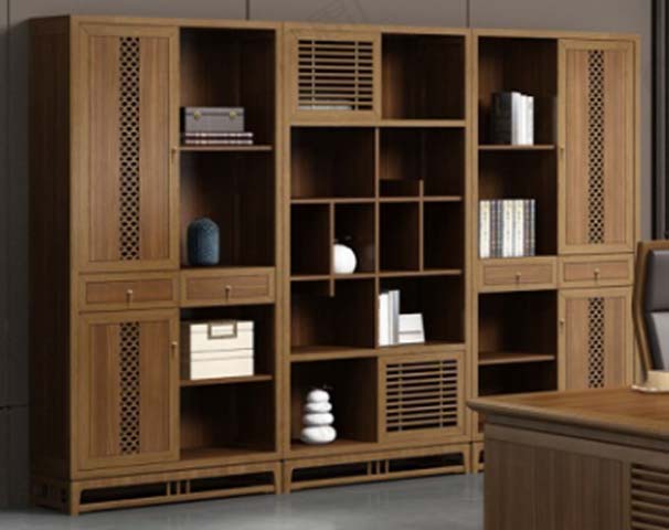 Light Wood Three-Module Executive Office Bookcase Storage Cabinet with Perforated and Louvered Doors