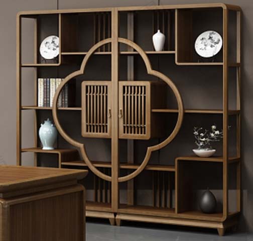New Chinese Style Quatrefoil Frame Asymmetrical Open Curio Display Cabinet