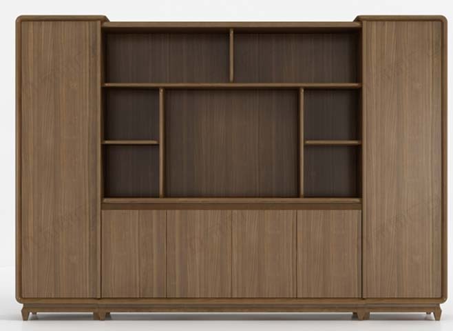 Walnut-Finish Freestanding Display Bookcase with Asymmetrical Open Shelves and Closed Storage