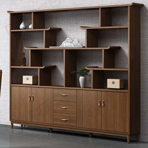 Modern Chinese Walnut-Tone Asymmetrical Display Storage Bookcase