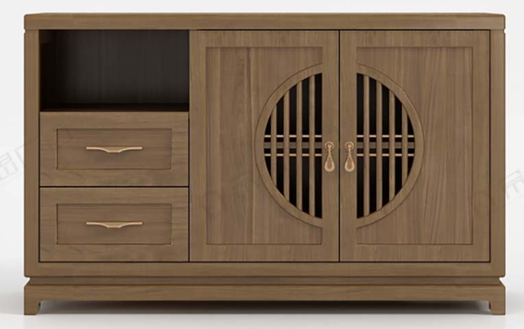 New Chinese Style Light Walnut TV Media Console with Circular Grille Doors