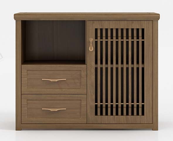 New Chinese Style Walnut Finish Slatted Door Tea Storage Side Cabinet