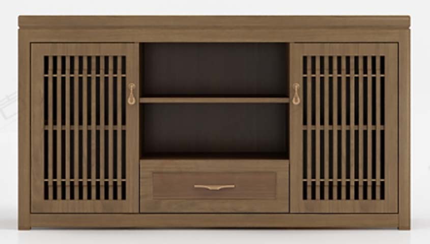 Walnut Tone Slatted Door TV Media Console with Open Shelves and Drawer