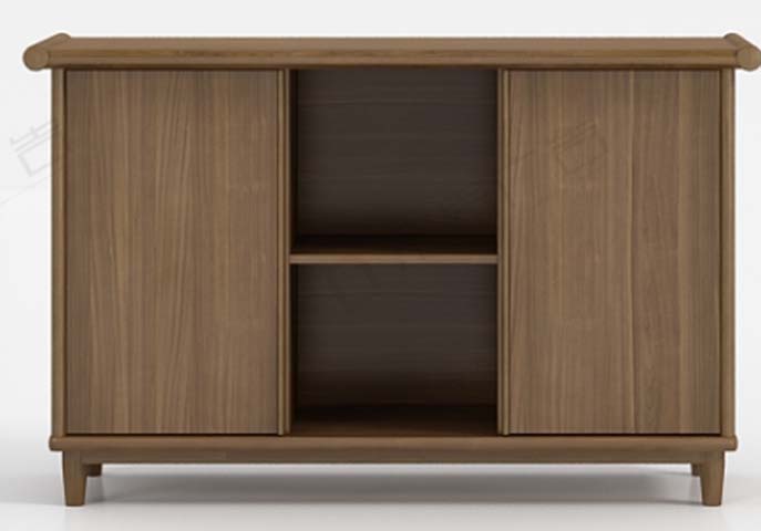 Mid-Century Walnut Grain Low Media Console With Central Open Shelves And Sliding Side Cabinets