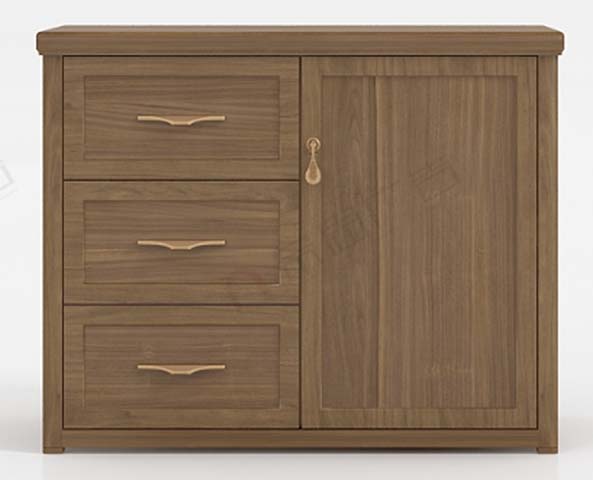 Walnut Finish Low Freestanding Storage Cabinet with 3 Drawers and 1 Door, Brass Hardware