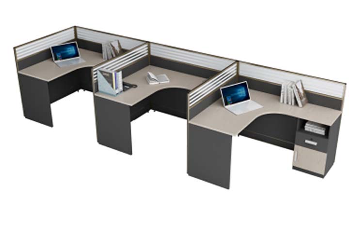 3-Person Modular L-Shaped Low-Partition Office Cubicle Workstation Cluster with Integrated Storage