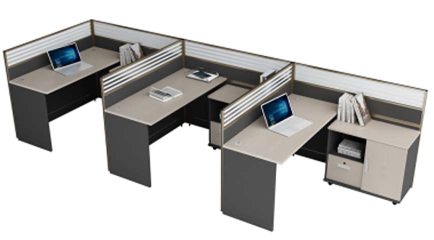 3-Person Linear L-Shaped Office Cubicle Workstation Cluster with Privacy Partitions and Mobile Storage Pedestals